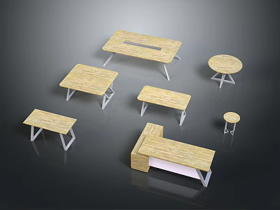 Modern Wooden Furniture Collection With Tables Benches And Metal Leg Designs 3d model