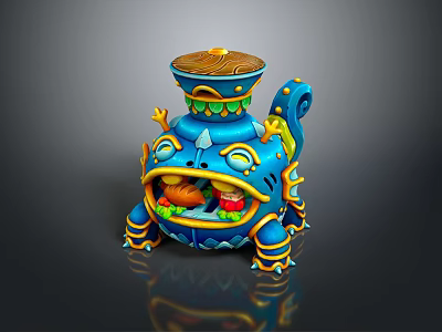 Blue Decorative Storage Device With 3D Model Eye Mouth Details And Items Inside 3d model