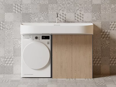 Modern White Washing Machine With Wooden Cabinet And Sink In Tiled Wall Interior 3d model