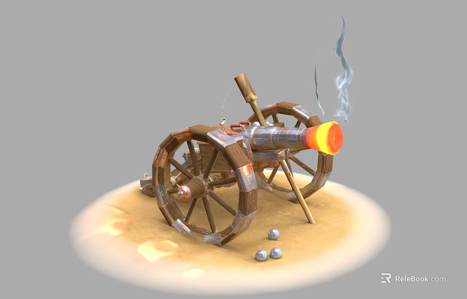 Old Firing Cannon With Wooden Wheels Flame Smoke And Cannonballs On Sand 3d model 