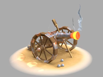 Old Firing Cannon With Wooden Wheels Flame Smoke And Cannonballs On Sand 3d model
