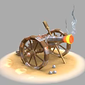 Old Firing Cannon With Wooden Wheels Flame Smoke And Cannonballs On Sand