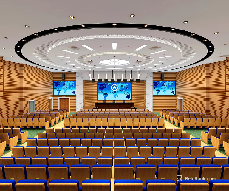 Spacious Conference Room Interior With Circular Ceiling Wooden Walls And Large Screens 3d model 