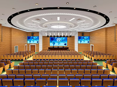 Spacious Conference Room Interior With Circular Ceiling Wooden Walls And Large Screens 3d model