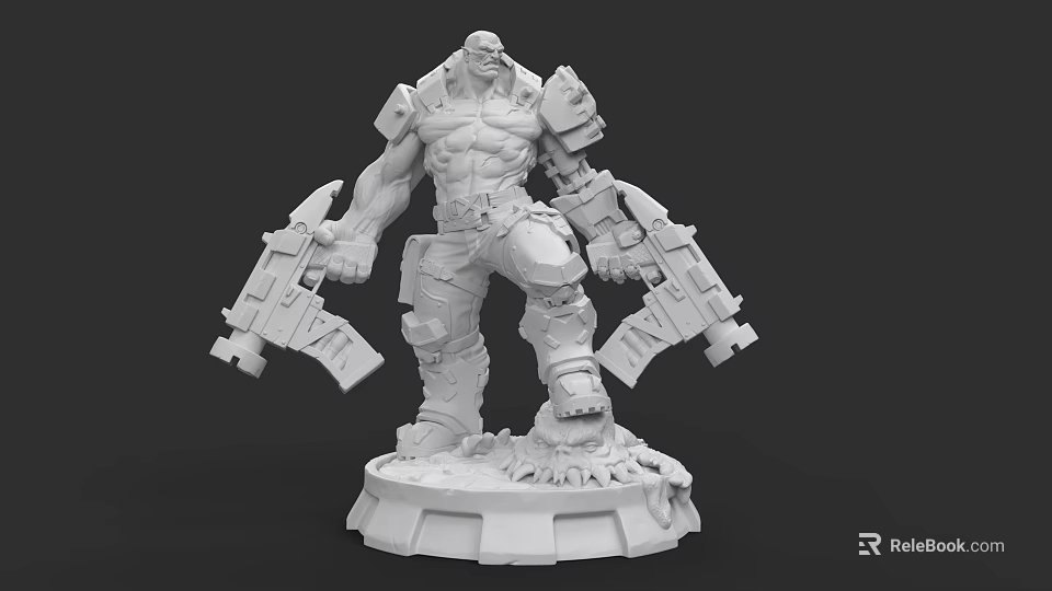 Muscular Mechanical Armored Character With Dual Weapons And Clawed Base Statue 3d model 