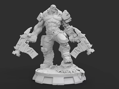 Muscular Mechanical Armored Character With Dual Weapons And Clawed Base Statue 3d model