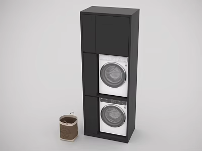 Contemporary Home Laundry Space With Stacked Washer And Dryer In Black Cabinet And Laundry Basket 3d model