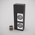Contemporary Home Laundry Space With Stacked Washer And Dryer In Black Cabinet And Laundry Basket