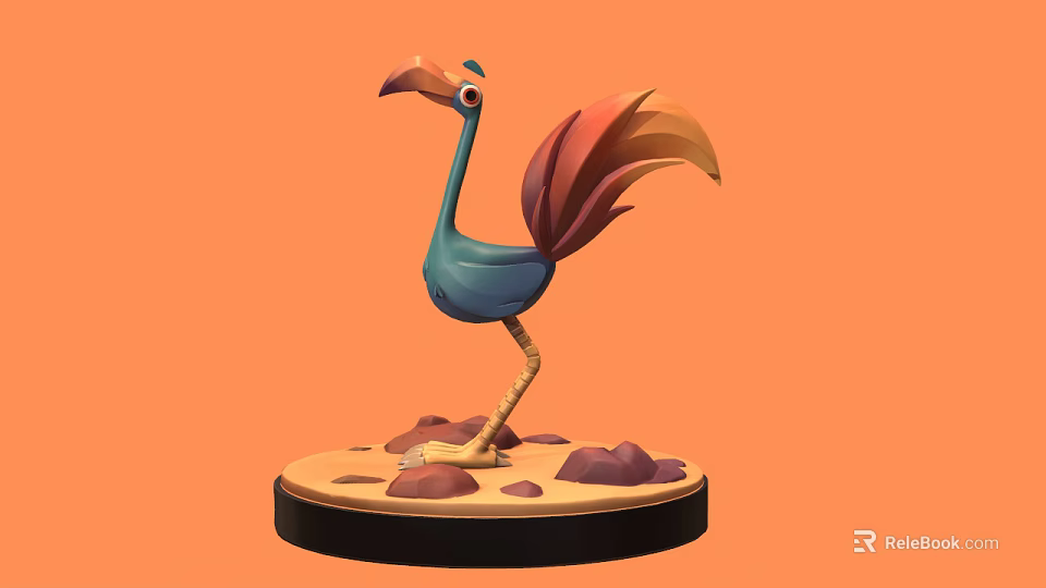 3D Bird Model With Blue Body Red Orange Feathers On Stone Base And Orange Background 3d model 