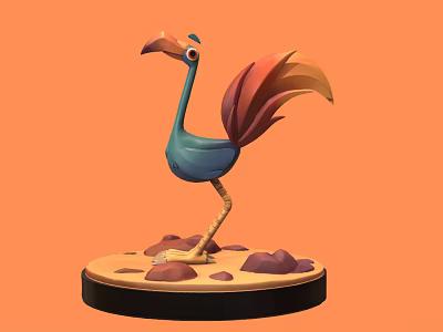3D Bird Model With Blue Body Red Orange Feathers On Stone Base And Orange Background 3d model