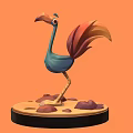 3D Bird Model With Blue Body Red Orange Feathers On Stone Base And Orange Background 3d model