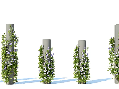 Climbing Vines With Green Leaves And White Flowers Growing On Gray Pillars 3d model