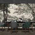Dining Table Set With Green Gray Fabric Chairs Wooden Legs And Tree Mural Background
