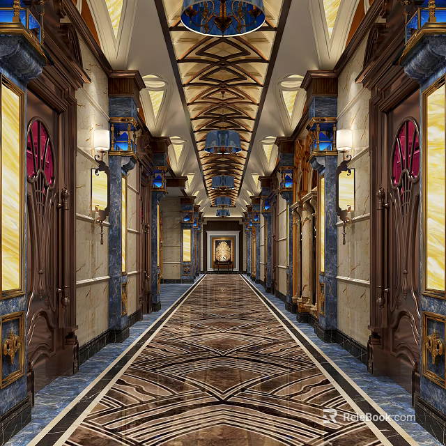 Elegant Hotel Corridor With Ornate Ceiling Chandeliers Marble Walls And Patterned Carpet 3d model 