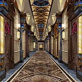 Elegant Hotel Corridor With Ornate Ceiling Chandeliers Marble Walls And Patterned Carpet