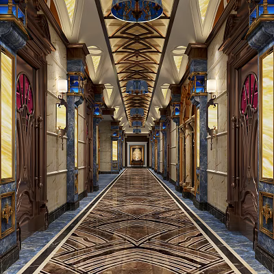 Elegant Hotel Corridor With Ornate Ceiling Chandeliers Marble Walls And Patterned Carpet 3d model