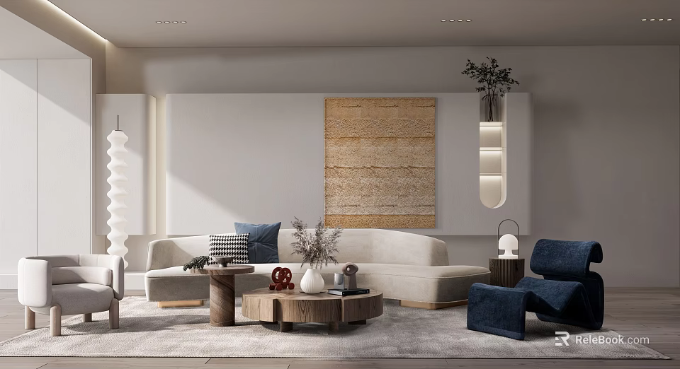 Modern Living Room With Beige Sofa Wooden Coffee Table Blue Accent Chair And Green Plants 3d model 