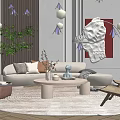 Modern Sofa And Coffee Table Set With Green Plant Floor Lamp And Decorative Painting