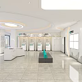 Modern Service Hall Interior With White Counters Glass Windows Self Service Machines And Turquoise Benches