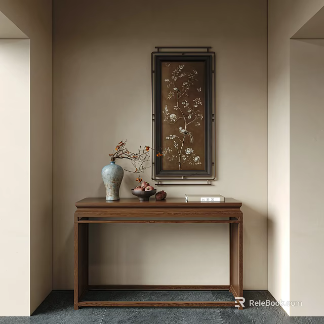 Traditional Chinese Interior Console Table With Celadon Vase And Plum Blossom Painting Decor 3d model 