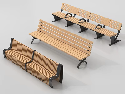 Modern Outdoor Benches With Wooden Slats And Black Metal Legs Design 3d model