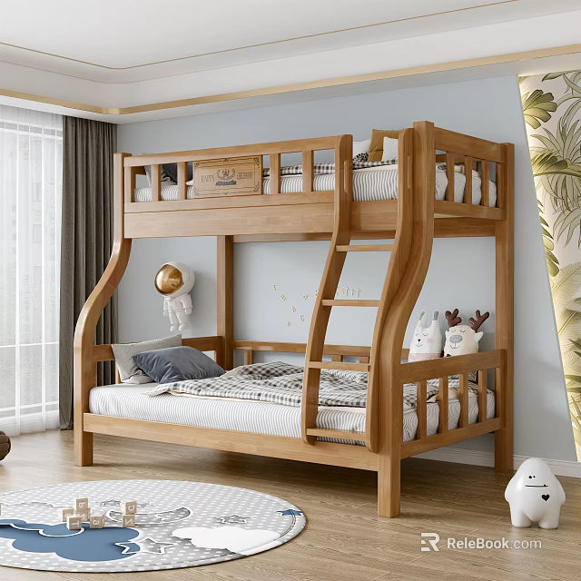 Wooden Bunk Bed in Kids Room With Ladder Comfortable Mattress and Decorative Elements 3d model 