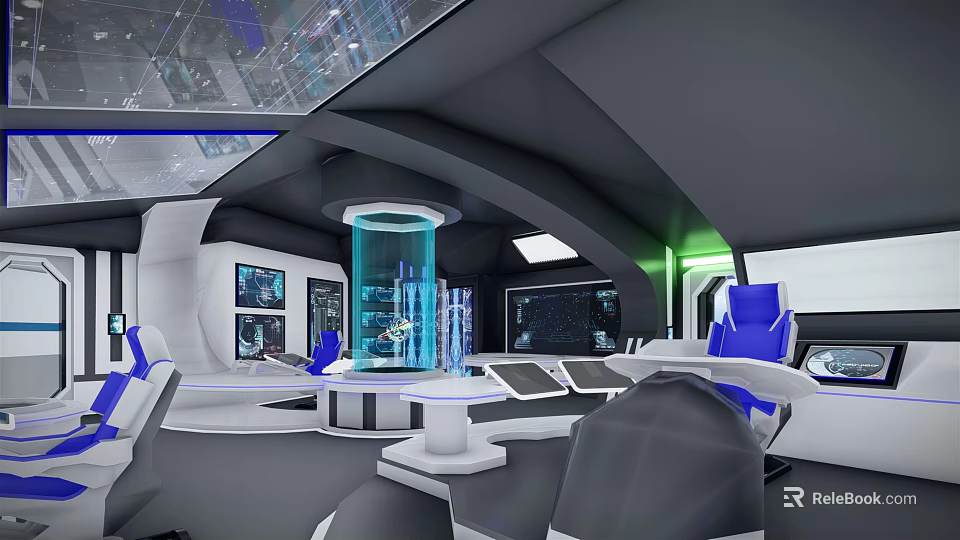High Tech Control Room Interior With Command Consoles Screens And Blue Seats 3d model 