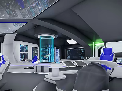High Tech Control Room Interior With Command Consoles Screens And Blue Seats 3d model