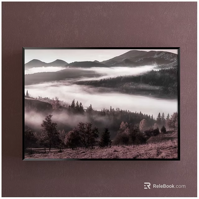 Serene Natural Landscape Painting With Layered Mountains Misty Forest And Lush Trees 3d model 