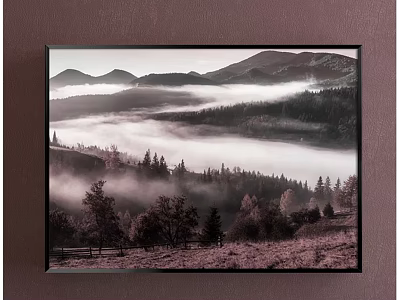 Serene Natural Landscape Painting With Layered Mountains Misty Forest And Lush Trees 3d model