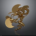 3D Rendered Golden Female Character With Dynamic Pose Flowing Hair And Decorative Wings