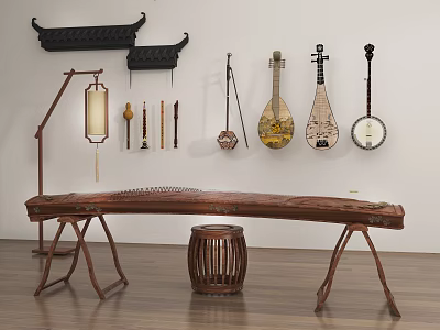 Traditional Chinese Musical Instruments and Painting Tools Featuring Guqin Pipa Lantern and Classic Decorations 3d model