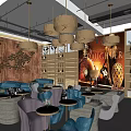 Stylish Bar Interior Design With Hanging Lamps Blue Sofas Round Tables Wine Shelves And Decorative Mural