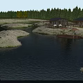 Scenic Water Landscape With Red Multi Layered Pagoda Reed Clusters And Small Boat