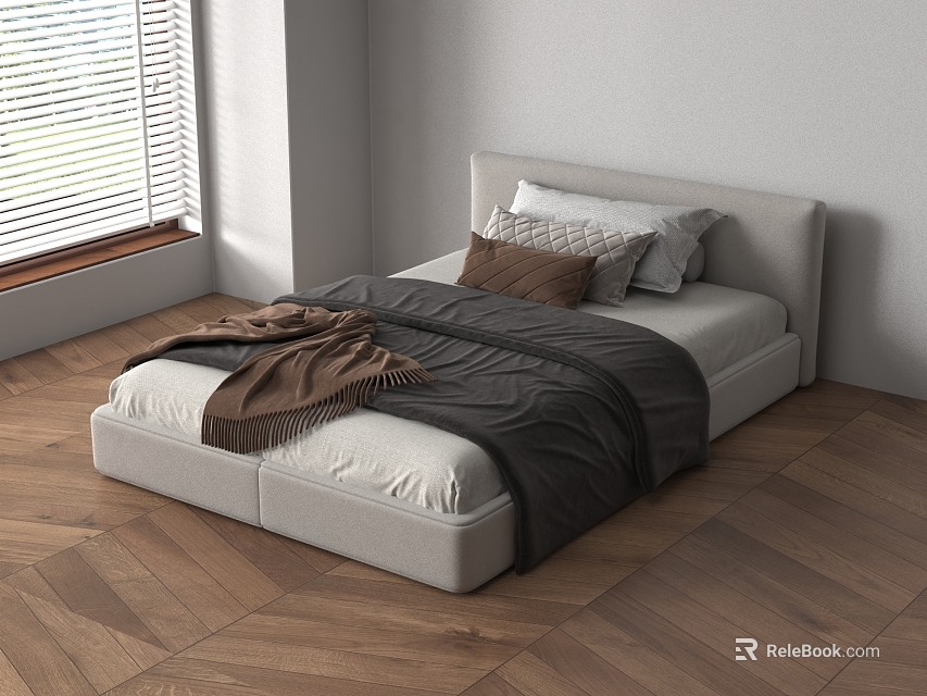 Modern Minimalist Single Bed With Light Gray Headboard Gray Brown Bedding And Brown Wooden Floor 3d model 