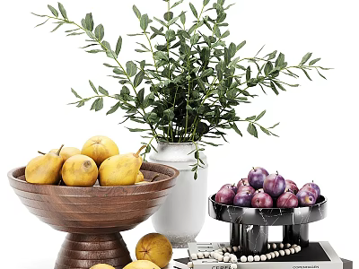Home Decorative Ornament Set with Wooden Bowl Yellow Pears White Vase Green Plants Purple Fruits 3d model