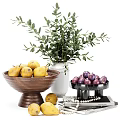 Home Decorative Ornament Set with Wooden Bowl Yellow Pears White Vase Green Plants Purple Fruits