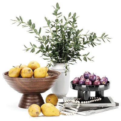 Home Decorative Ornament Set with Wooden Bowl Yellow Pears White Vase Green Plants Purple Fruits 3d model