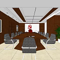 Elegant Conference Room With Dark Wooden Table Gray Chairs Red Emblem And Green Plant
