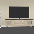 Light Colored TV Stand With Drawers Grille Doors And Large Screen TV Near Decorative Wall