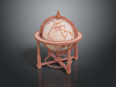 Rotating Globe With Wooden Stand And Detailed Map Surface On Dark Background 3d model