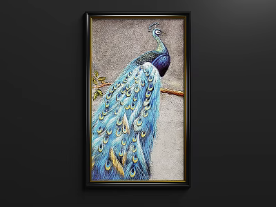 Vibrant Peacock Animal Painting With Colorful Spread Tail On Branch And Black Frame 3d model