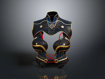 Dark Blue Decorative Breastplate With Golden Ornaments Red Straps And Ornate Home Decor 3d model