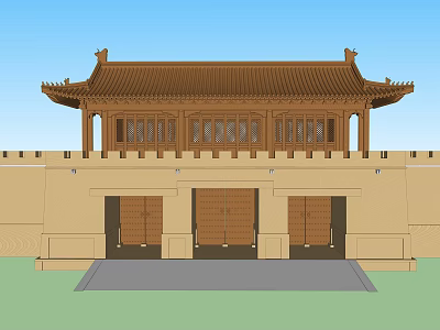 Traditional Ancient Chinese Architecture With Classic Eaves Wooden Gates And Stone Wall 3d model