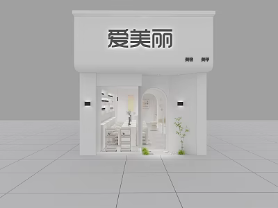 Beauty Hair Salon Exterior With White Facade Window Display And Green Plants 3d model