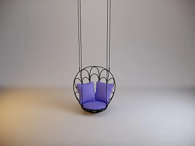 Hanging Chair With Heart Shaped Metal Frame And Purple Cushions In Minimalist Room 3d model
