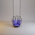 Hanging Chair With Heart Shaped Metal Frame And Purple Cushions In Minimalist Room
