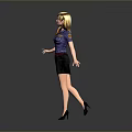 Blonde woman in blue shirt and black skirt with hands naturally open against gray background