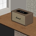 Marshall Brown Speaker Placed On Wooden Table With Window And Geometric Pattern Wall Decor 3d model