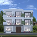 Modern Detached House with Large Glass Windows Balconies Surrounded by Green Plants and Lawn